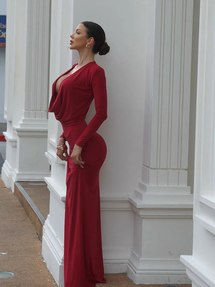 Elara Deep V Knit Maxi Dress - Red