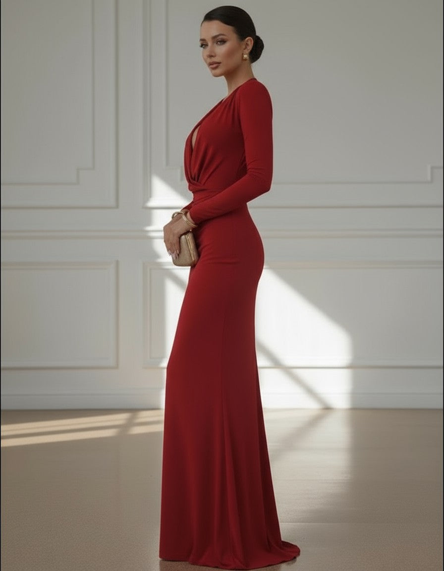Elara Deep V Knit Maxi Dress - Red