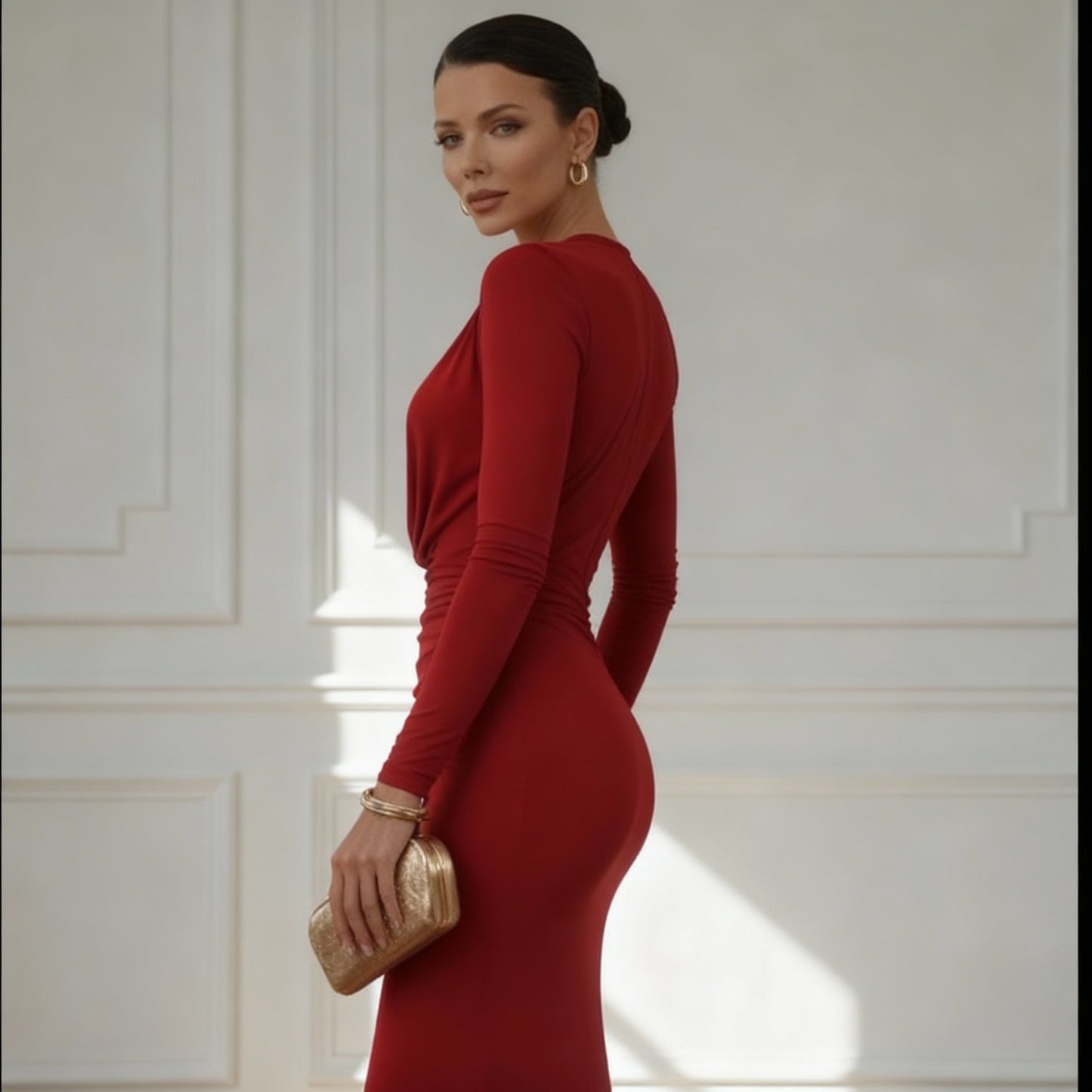 Elara Deep V Knit Maxi Dress - Red
