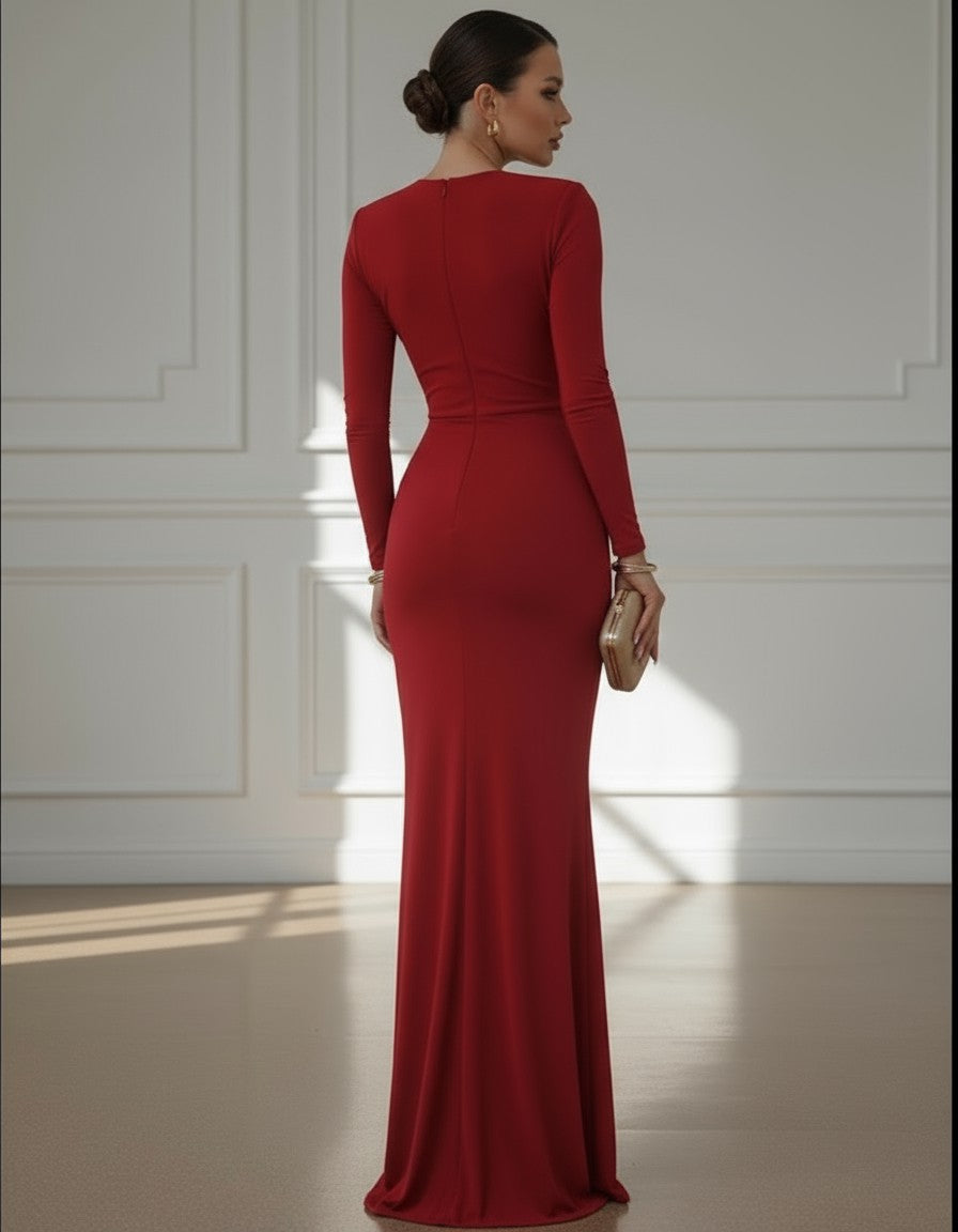 Elara Deep V Knit Maxi Dress - Red