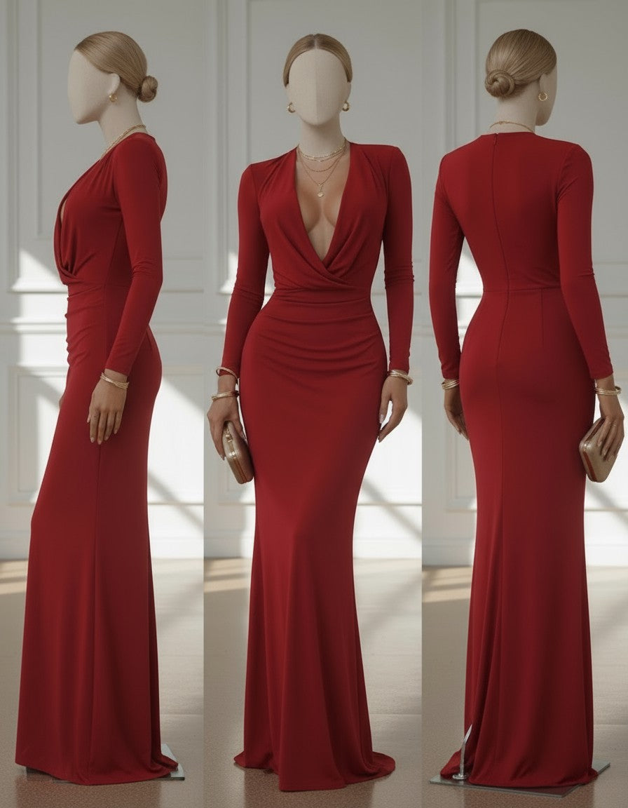 Elara Deep V Knit Maxi Dress - Red