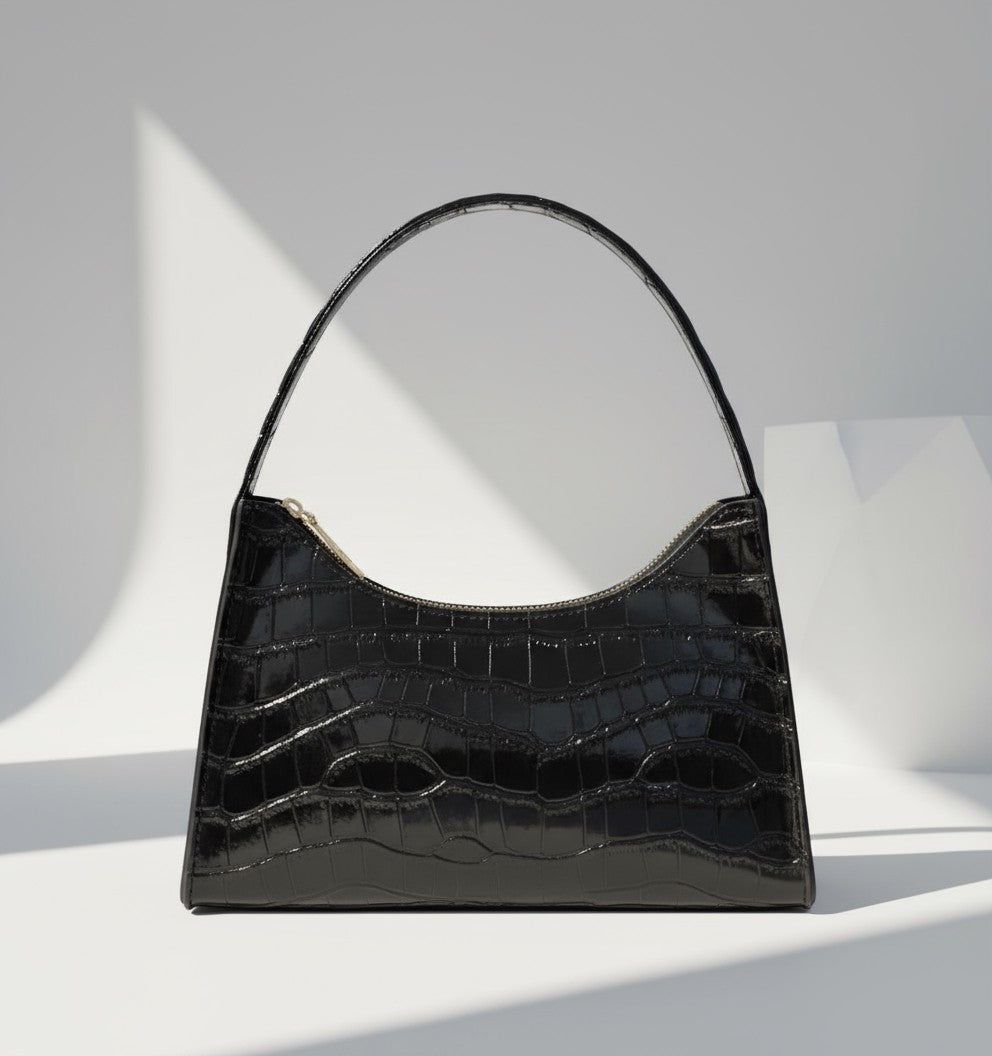 Luxury PU Croc-Effect Shoulder Bag - Black