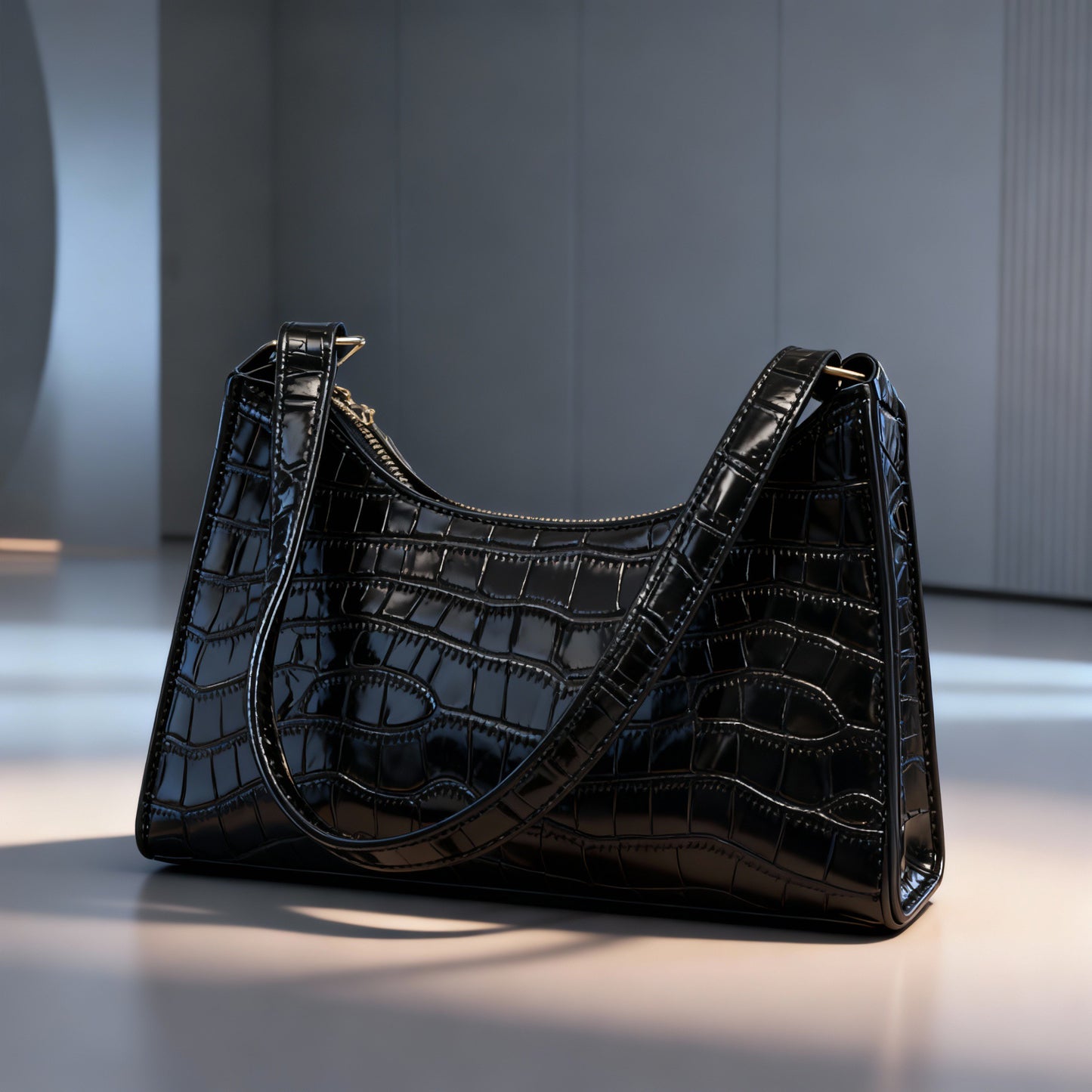 Luxury PU Croc-Effect Shoulder Bag - Black