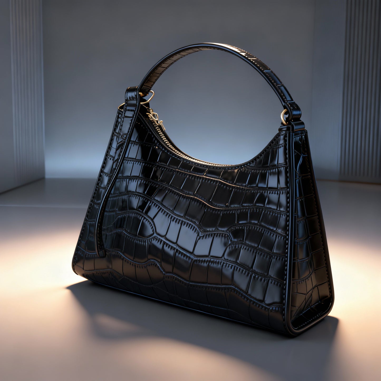 Luxury PU Croc-Effect Shoulder Bag - Black