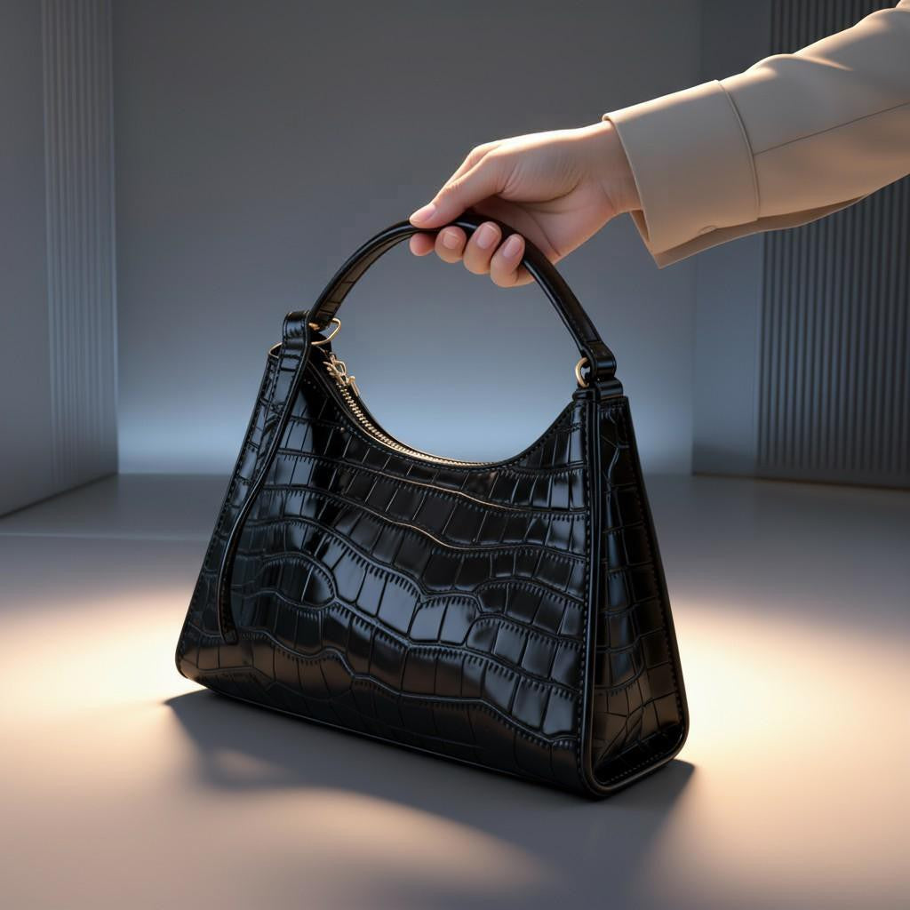 Luxury PU Croc-Effect Shoulder Bag - Black
