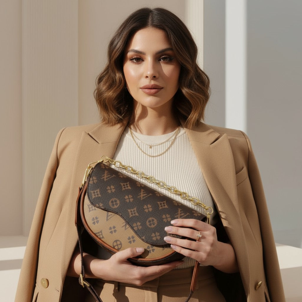 Designer PU Saddle Crossbody Bag - Beige