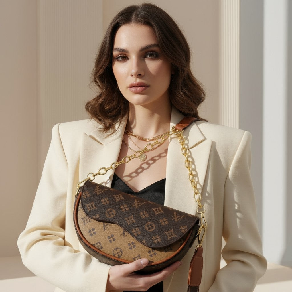 Designer PU Saddle Crossbody Bag - Beige