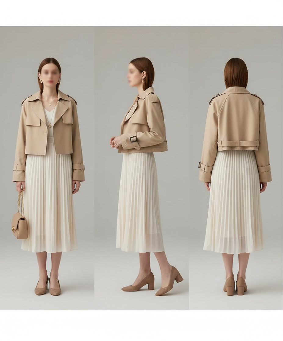 Lana Double Breasted Cropped Trench Coat - Khaki