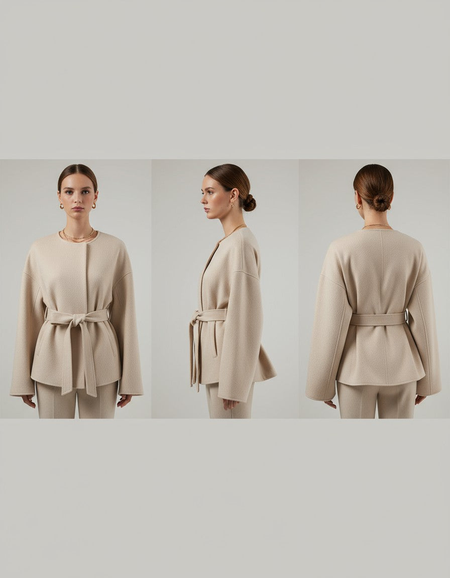 Elisa High Street V-Neck Tie Waist Coat - Beige