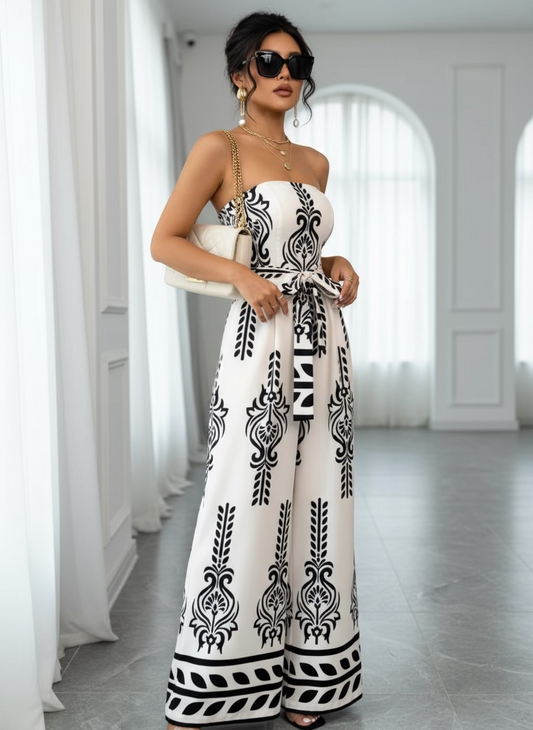 Emilly Printed Wide Leg Tie-Waist Jumpsuit - Navy Print