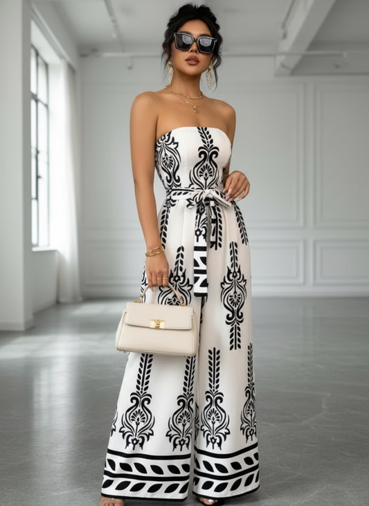 Emilly Printed Wide Leg Tie-Waist Jumpsuit - Navy Print
